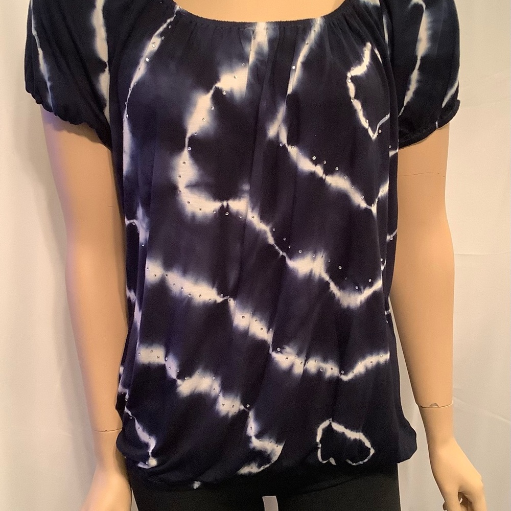INC International Concepts Navy Blue Tie Dye Peasant w/Rhinestones Women's Med